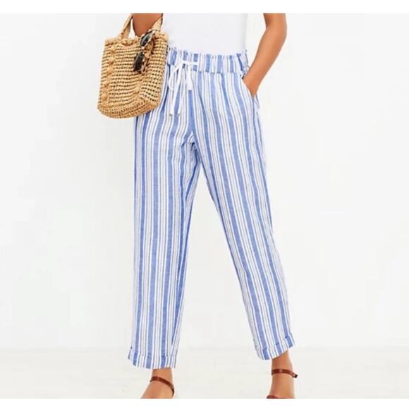 Loft Woman Linen Blend Pant‎ SZ S Blue White Striped Casual Coastal Preppy Beach - Picture 1 of 11